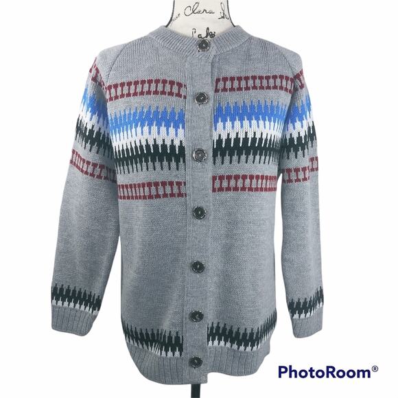 college point Sweaters - College Point Grey Fair Isle Button Up Sweater Cardigan Preppy Grandpacore